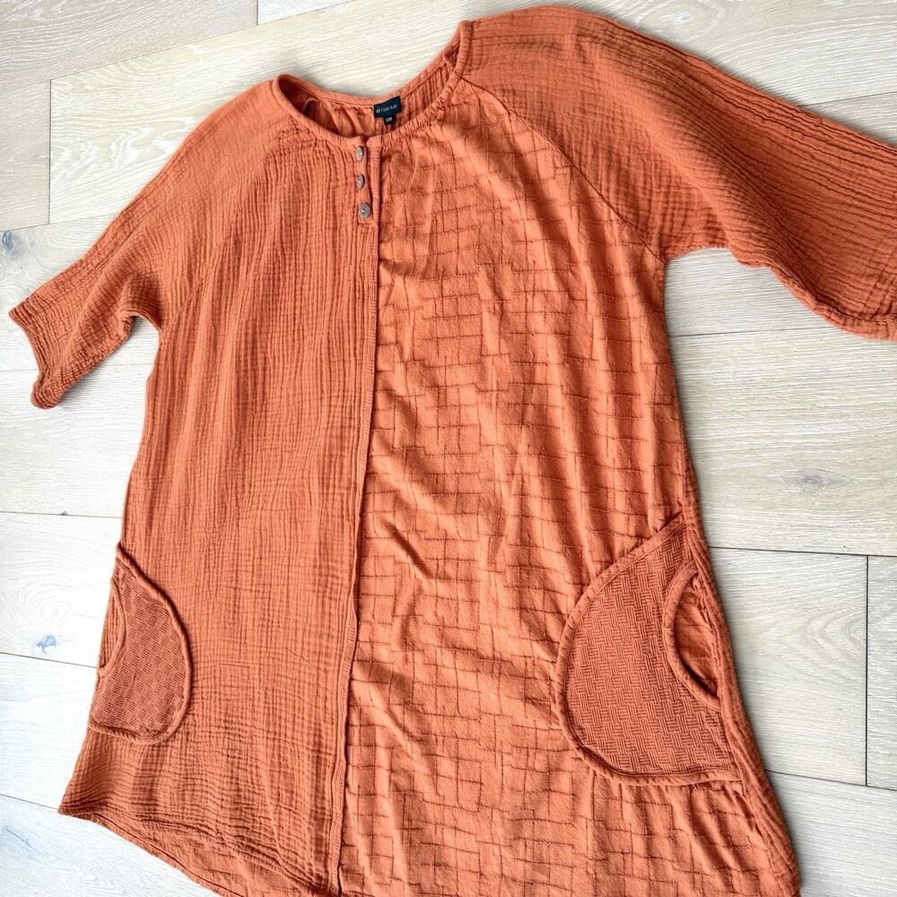 Clea Ray Orange textured Cotton Shirt Dress Pockets Lagenlook Sm Med